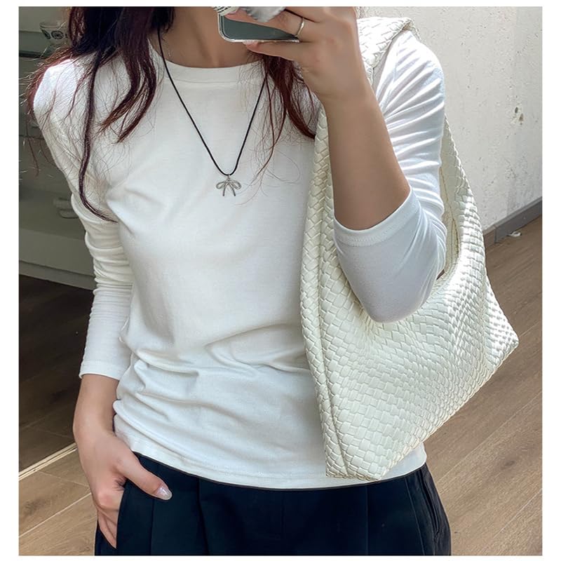 Vintage Woven Shoulder Bag for Women - Soft PU Leather Crossbody Bags with Adjustable Strap, Spacious Tote (Beige)2