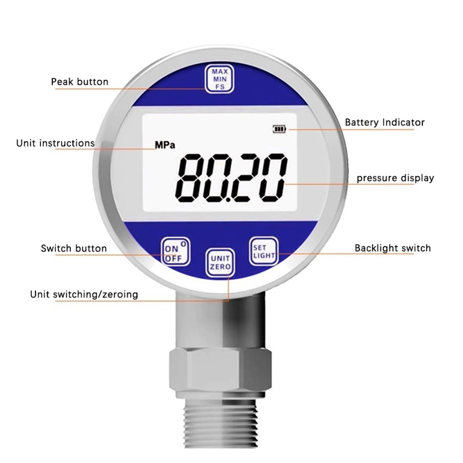 Manómetro, Manómetro Digital de alta precisión, manómetro hidráulico electrónico Digital resistente a golpes, manómetro negativo de vacío(M20x1.5 Customized,0-4mpa 60mm)