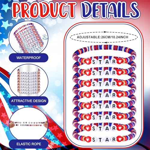 Remuuly 96 Pcs 4th of July Bracelets Bulk Independence Day Clay Bead Bracelets Memorial Day Patriotic Friendship Red White and Blue Stretch3