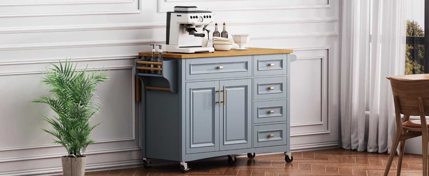 52-Inch Kitchen Island with Drop Leaf, Embossed Texture, Spice and Towel Rack, 2 Doors, 5 Drawers, Adjustable Shelf, MDF and Oak Veneer Mobile Cart on Wheels in Blue Grey