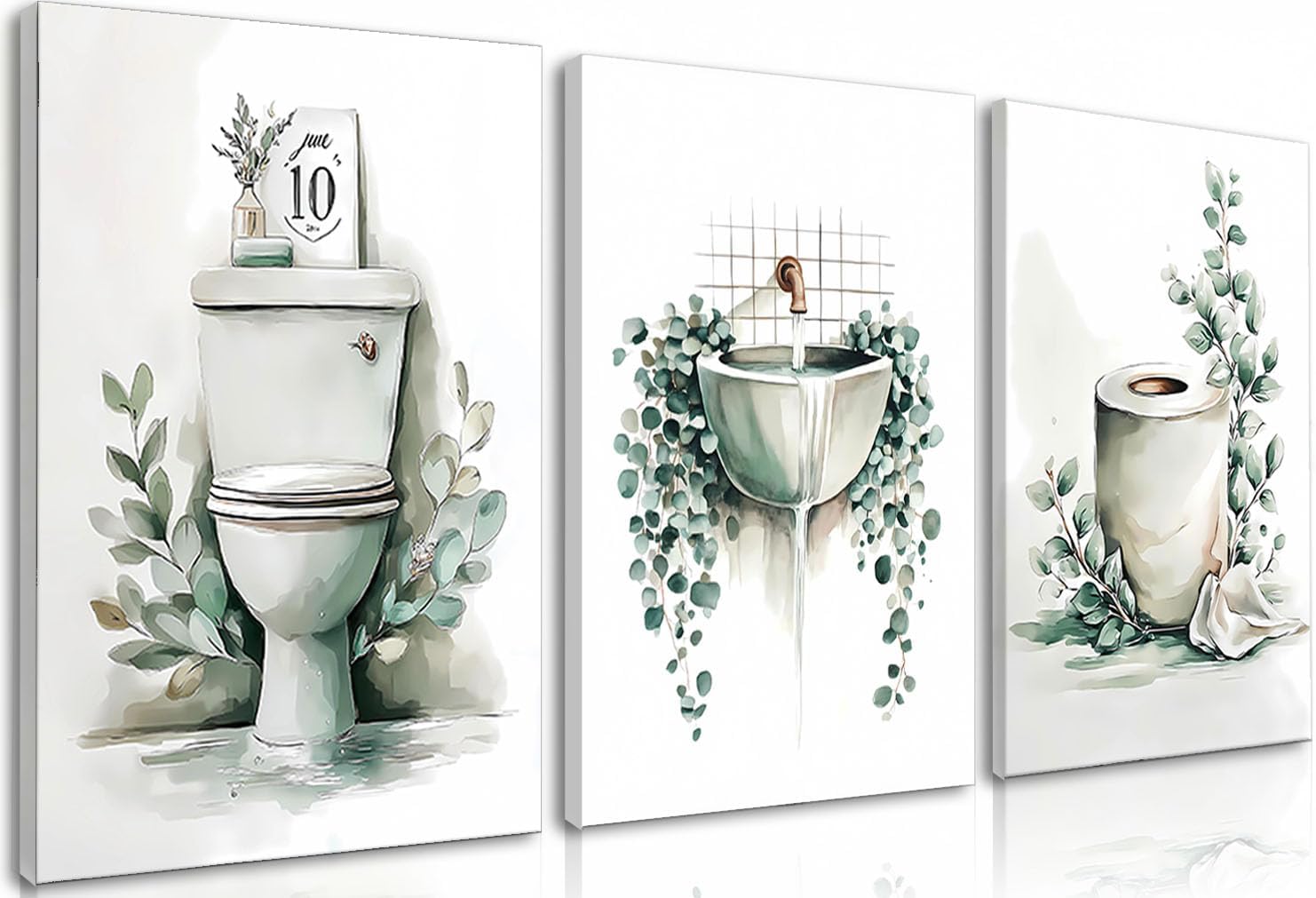 3 Piece Framed Canvas Wall Art Set, Sage Green Botanical Bathroom Decor with Farmhouse Leaves, 12x16 Inches Ready to Hang Prints