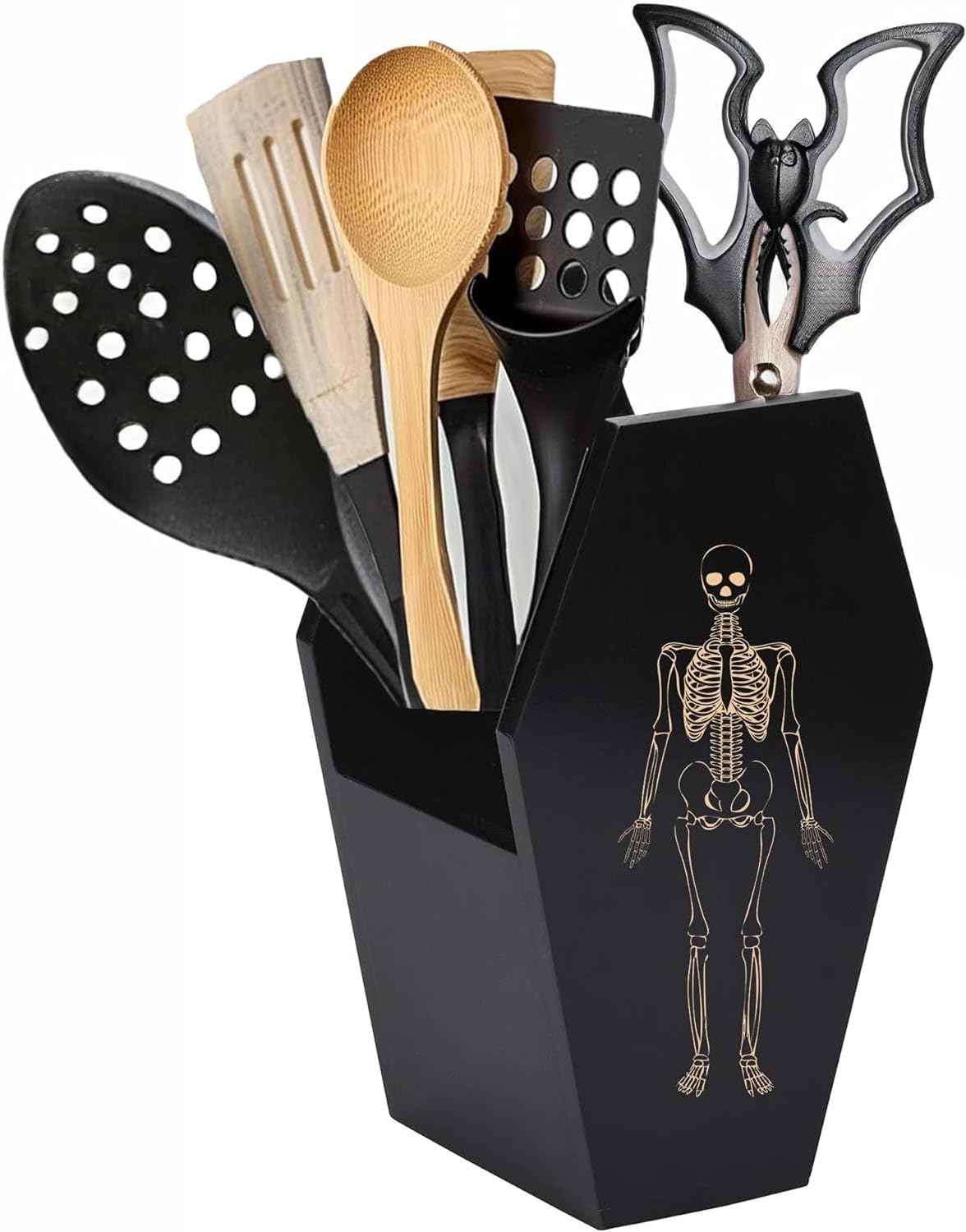Gothic Kitchen Decor Coffin Utensil Holder – Dual-Sided Laser-Etched Skeleton Goth Organizer, Solid Wood Large Capacity for Witch Bats Spoons Skull Spatulas – Halloween Spooky Goth Home Decor Gothic Kitchen Decor Coffin Utensil Holder – Dual-Sided Laser-Etched Skeleton Goth Organizer, Solid Wood Large Capacity for Witch Bats Spoons Skull Spatulas – Halloween Spooky Goth Home Decor