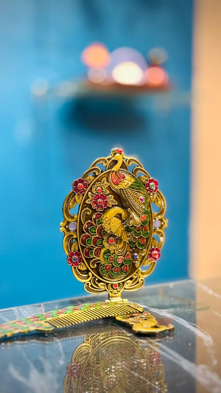 Handcrafted Peacock Design Mirror and Comb Set Meenakari | Antique Finish, Traditional Handicraft, Meenakari Artwork, Dressing Table Decor, Ethnic Vanity Set-picture-54