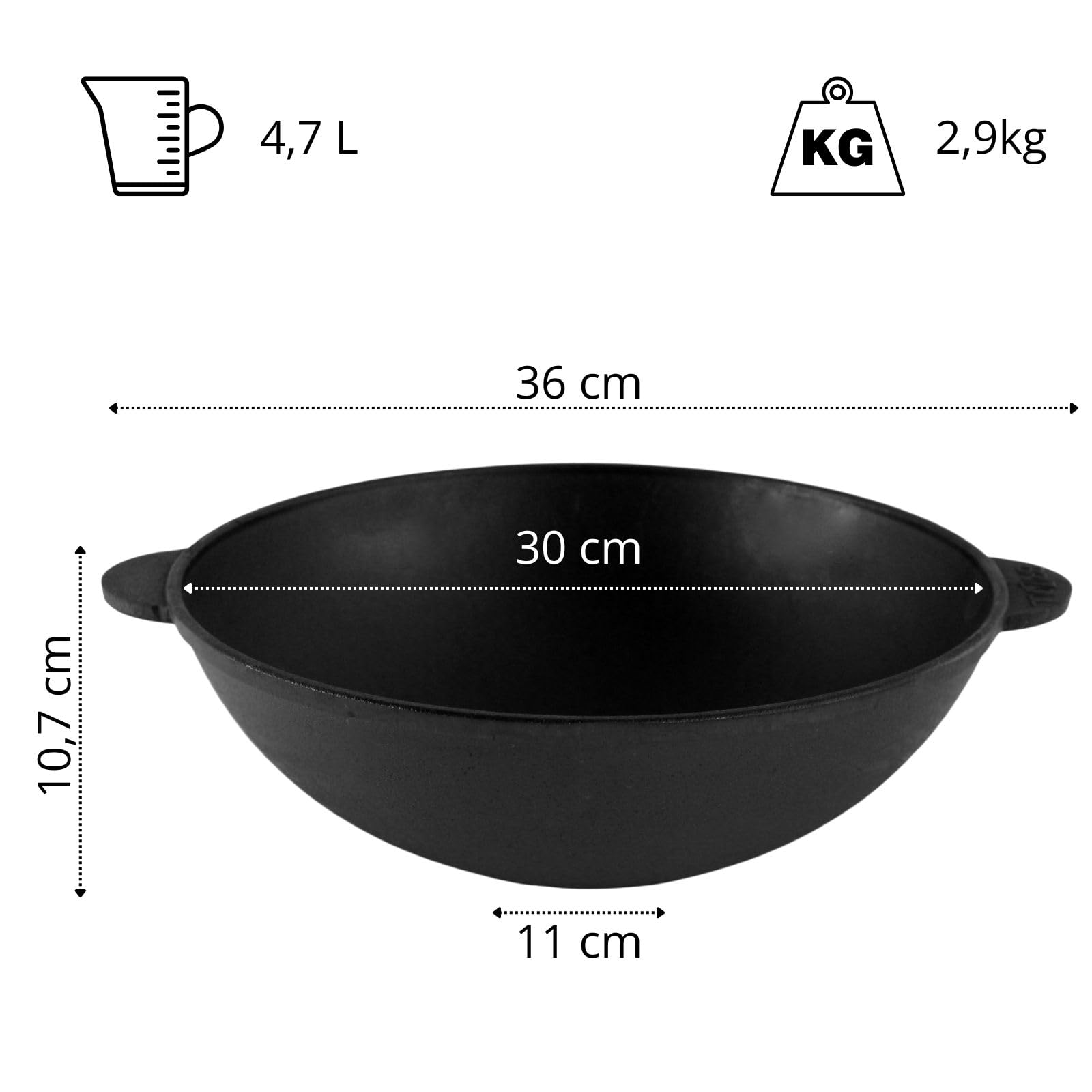BIG-PAN Padella wok in ghisa, 30 cm, 4,7 l, per tutti i piani cottura, con induzione Asia Wok, Kazan Grill Kazan, per cucina Plov, resistente al forno, Kazan, Cast Iron Pilav
