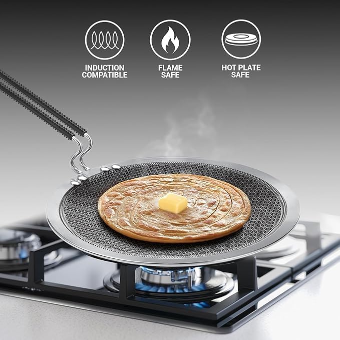Image of Stainless Steel Non Stick Triply Roti Chapati Paratha Tawa with Honeycomb Technology | Scratch Resistant, Metal Spoon Friendly, Induction and Gas Stove Compatible (26 cm 2.5 mm Thick)