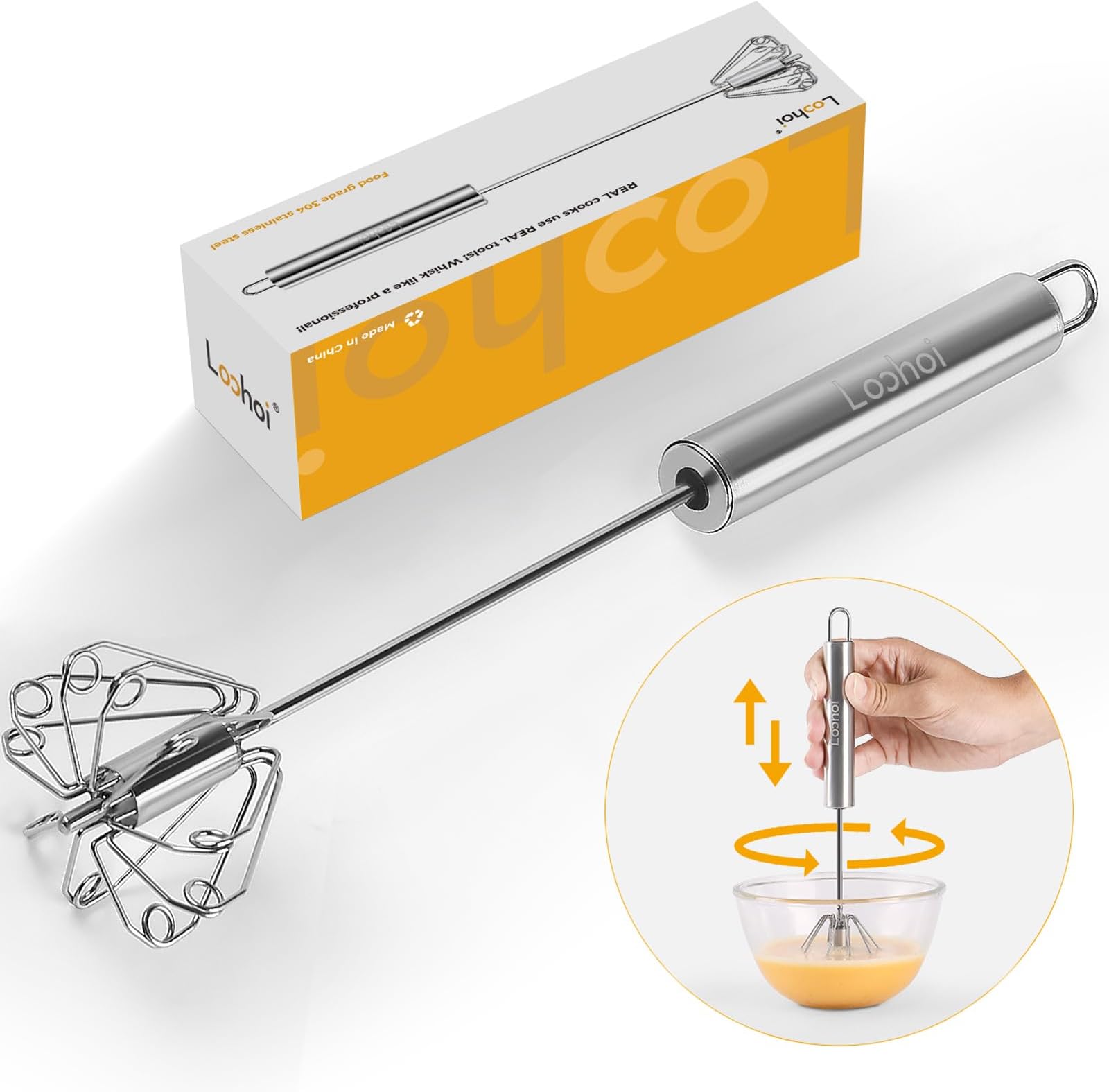 Stainless Steel Semi-Automatic Whisk,Easy to Use Egg Beater Hand Push Rotary Blender Whizzy Whisks,Versatile Milk Frother Mixer Whisk for Blending,Whisking,Beating & Stirring(12in)