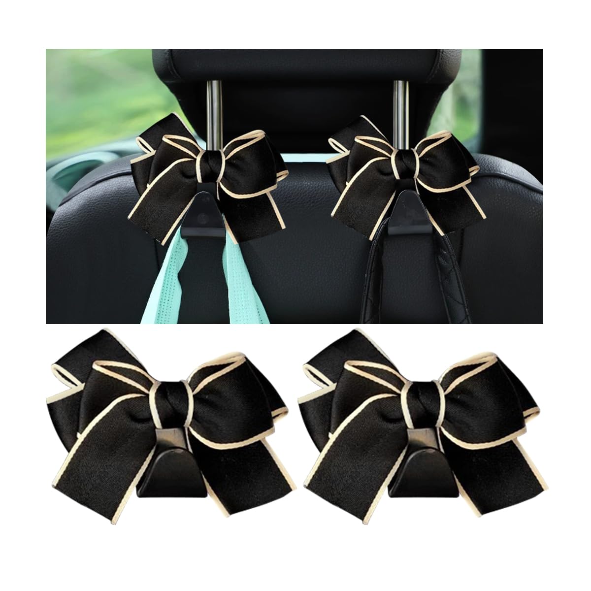 Mandark 2PCS Car Seat Headrest Hooks, Cute Bow Vehicle Hooks for Purses and Bags, Automotive Purse Hook Hanger Interior Decoration Accessories,