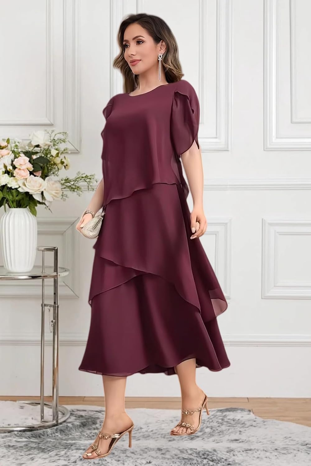 Flowy Chiffon Tiered Mother of The Bride Dresses for Women Tea Length Short Sleeve Formal Wedding Guest Dresses - Image 5