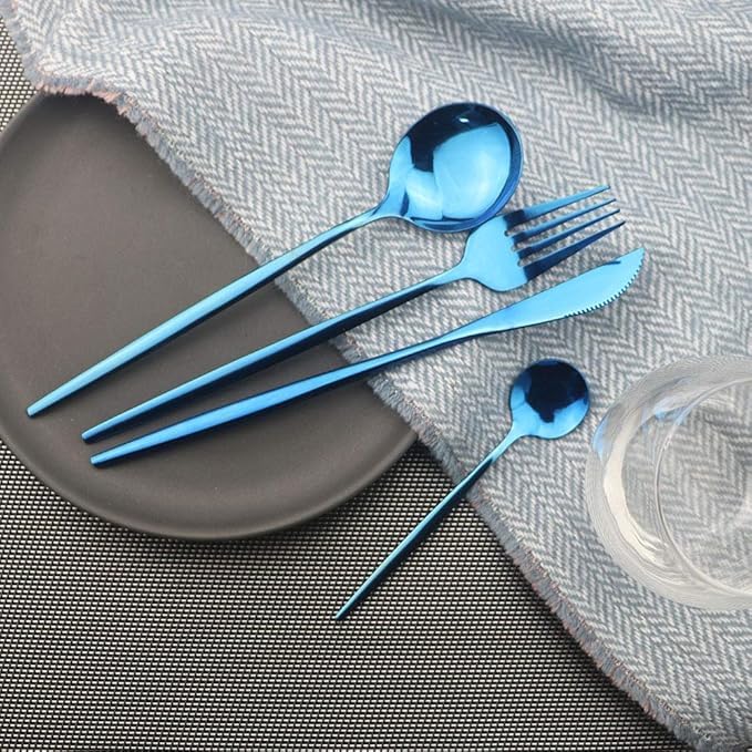 Image of Trifecta 24-Piece Silverware Set, Stainless Steel Flatware Set for 6, Fork Spoon Knife Set, Home Dinnerware Tableware Set for 6, Cutlery Set, Include Knives /Forks /Spoons (Blue)