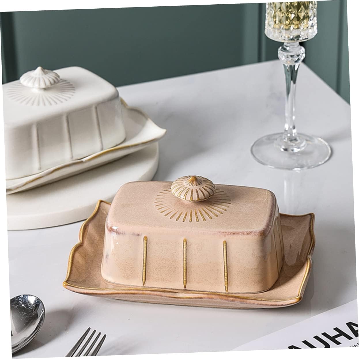 IMIKEYA Ceramic Butter Plate with Lid Covered Food Tray for Butter Sticks and Desserts Household Porcelain Dish for Kitchen Restaurant Shop Serving Freshness Keeper