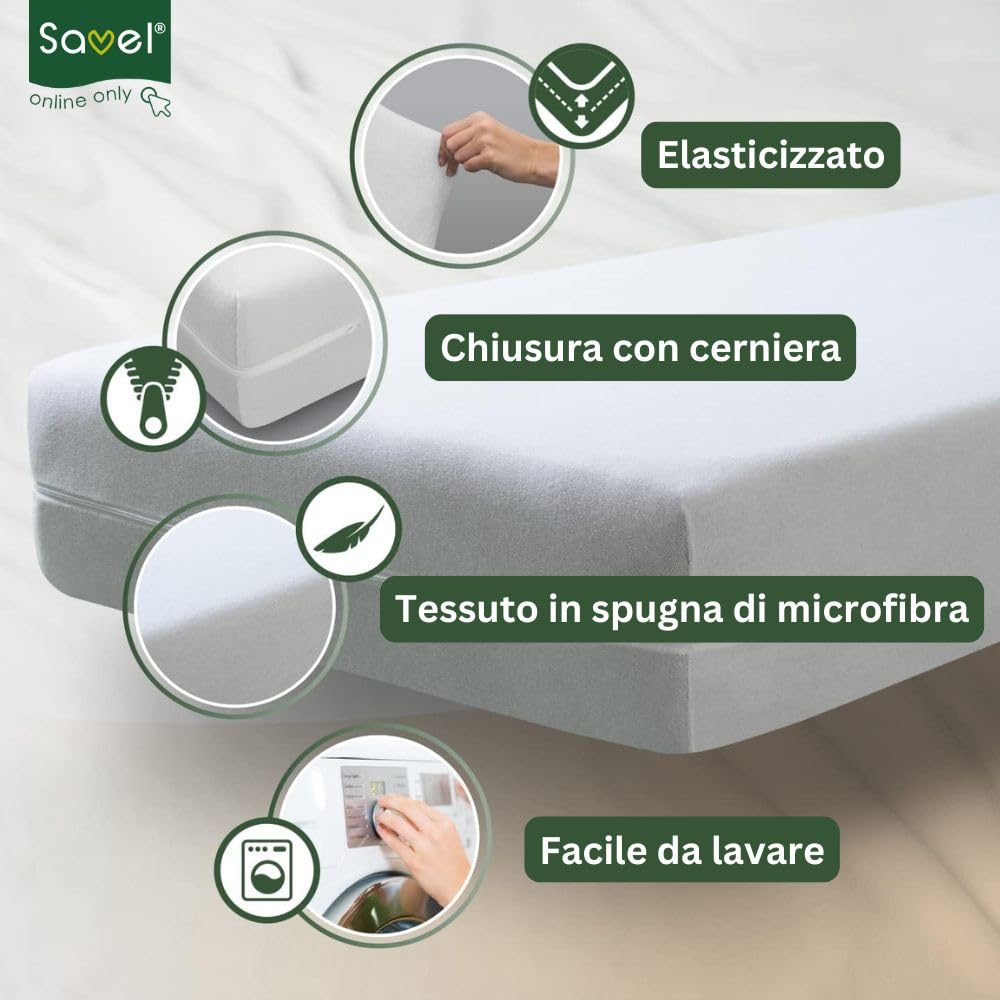 Savel-Coprimaterasso in Spugna Elasticizzata 100% Microfibra Extra-Morbida e biestensibile. Colore: Bianco. Matrimoniale (160x190/200cm)