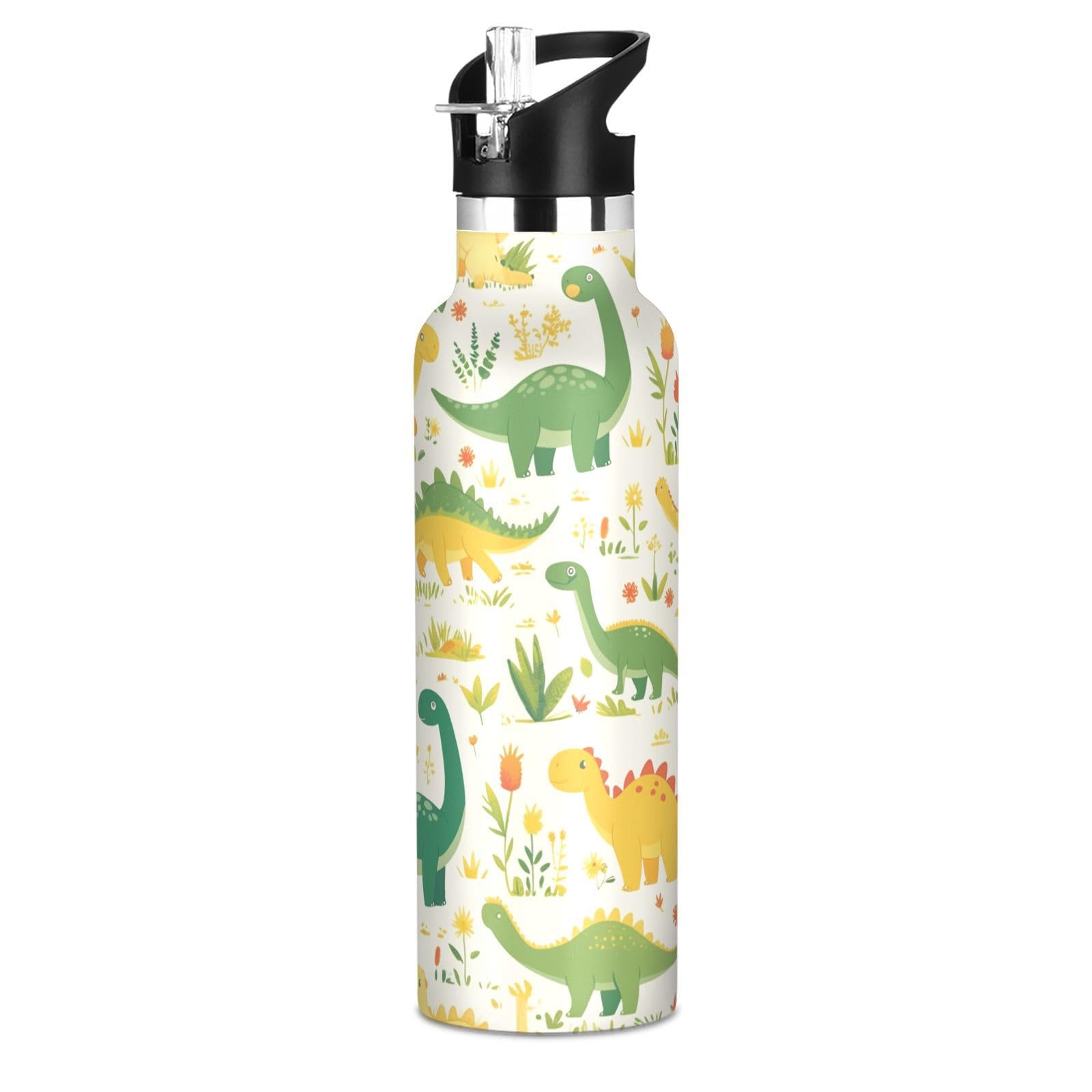 Kaaviyo Boys Pattern Green Yellow Dinosaurs Trees Water Bottle Stainless Steel Jug Insulated Vacuum Cup For Girls(600Ml)