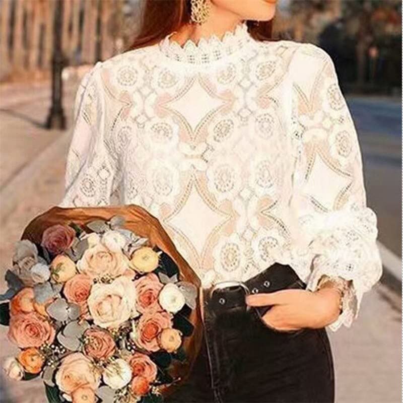 Image of Womens Dressy Casual Long Sleeve Lace Tops, Sheer Mock Neck Business Casual Tops,Going Out Tops for Girls