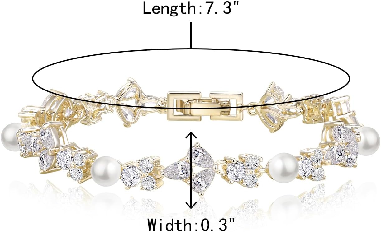 Crysdue Cubic Zirconia Simulated Pearl Bridal Wedding Leaf Filigree Tennis Bracelet for Brides Bridesmaid Birthday Mothers Christmas Valentines Day Jewelry Gifts for Women - Image 5