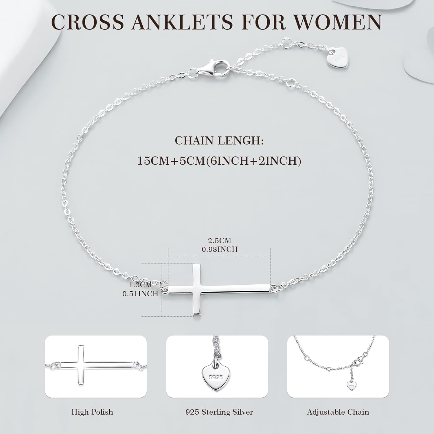 YZSFMZGE 925 Sterling Silver Cross Bracelet for Women 14K White Gold Plated Christian Faith Religious Bracelet Adjustable Cross Bracelet Anklet Jewelry Confirmation Gifts for Easter Festival - Image 4