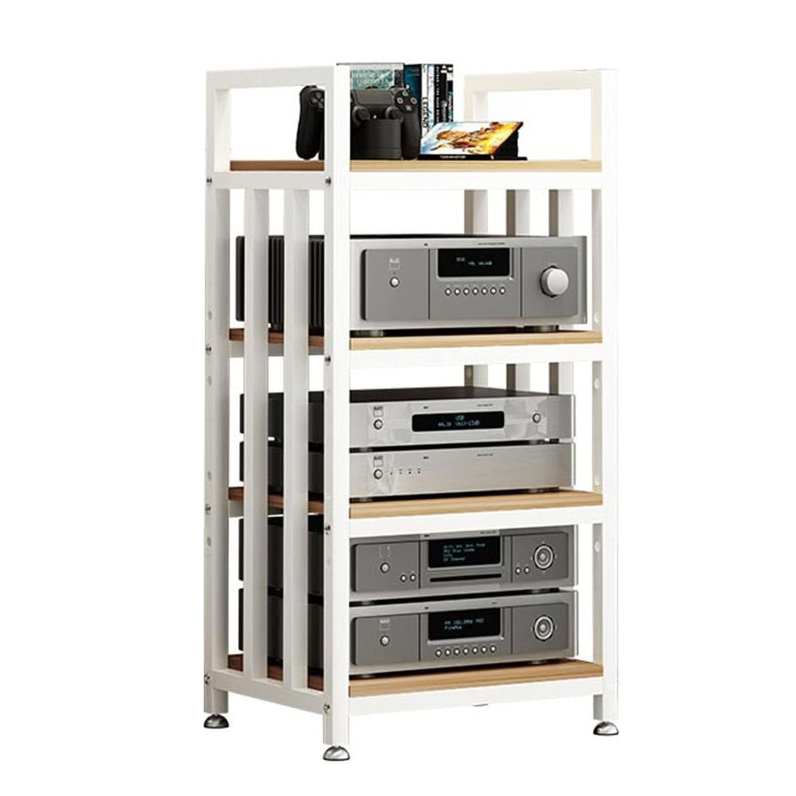 4-Tier AV Media Cabinet Stand Component Cabinet, Gaming TV Stand and Stereo Rack Audio Tower with Height Adjustable Wooden Shelf Floorstanding Storage Shelves