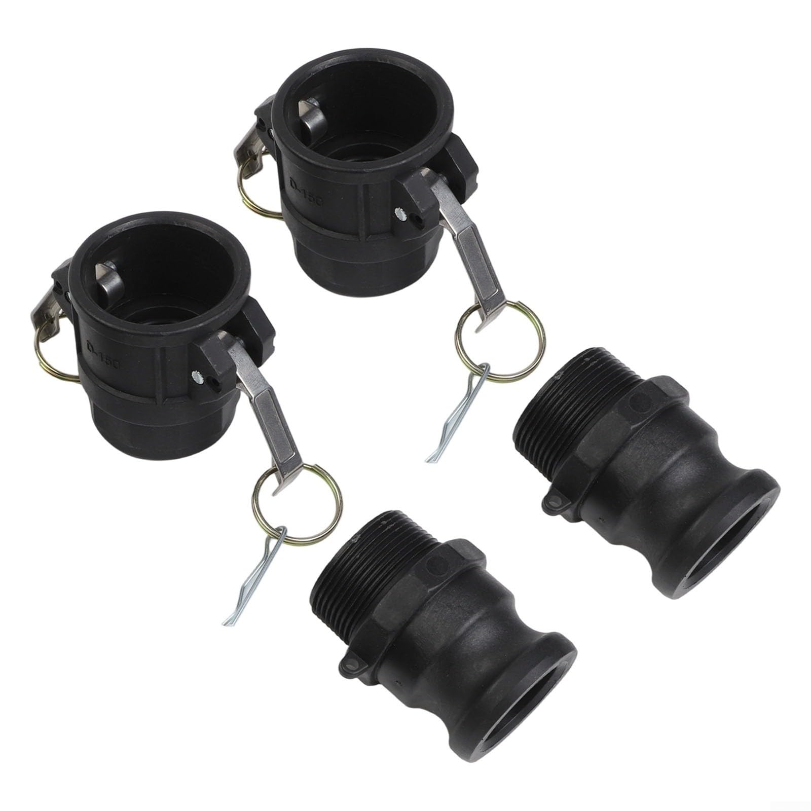 2 juegos de cerraduras de polipropileno tipo D & F para manguera de acoplamiento rápido de 1 a 2 pulgadas, 150 PSI resistente a la presión, color negro (1,5 pulgadas)