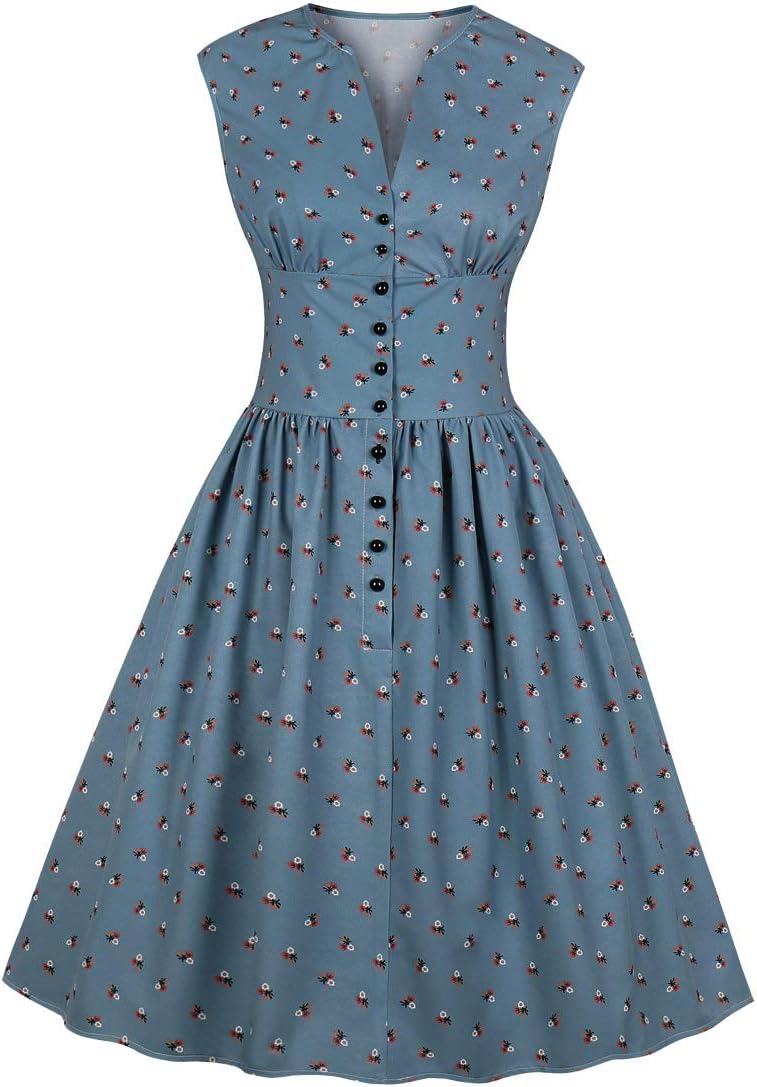 Women's Split Neck Floral Button 1940s Day 1950s Vintage Tea Dress