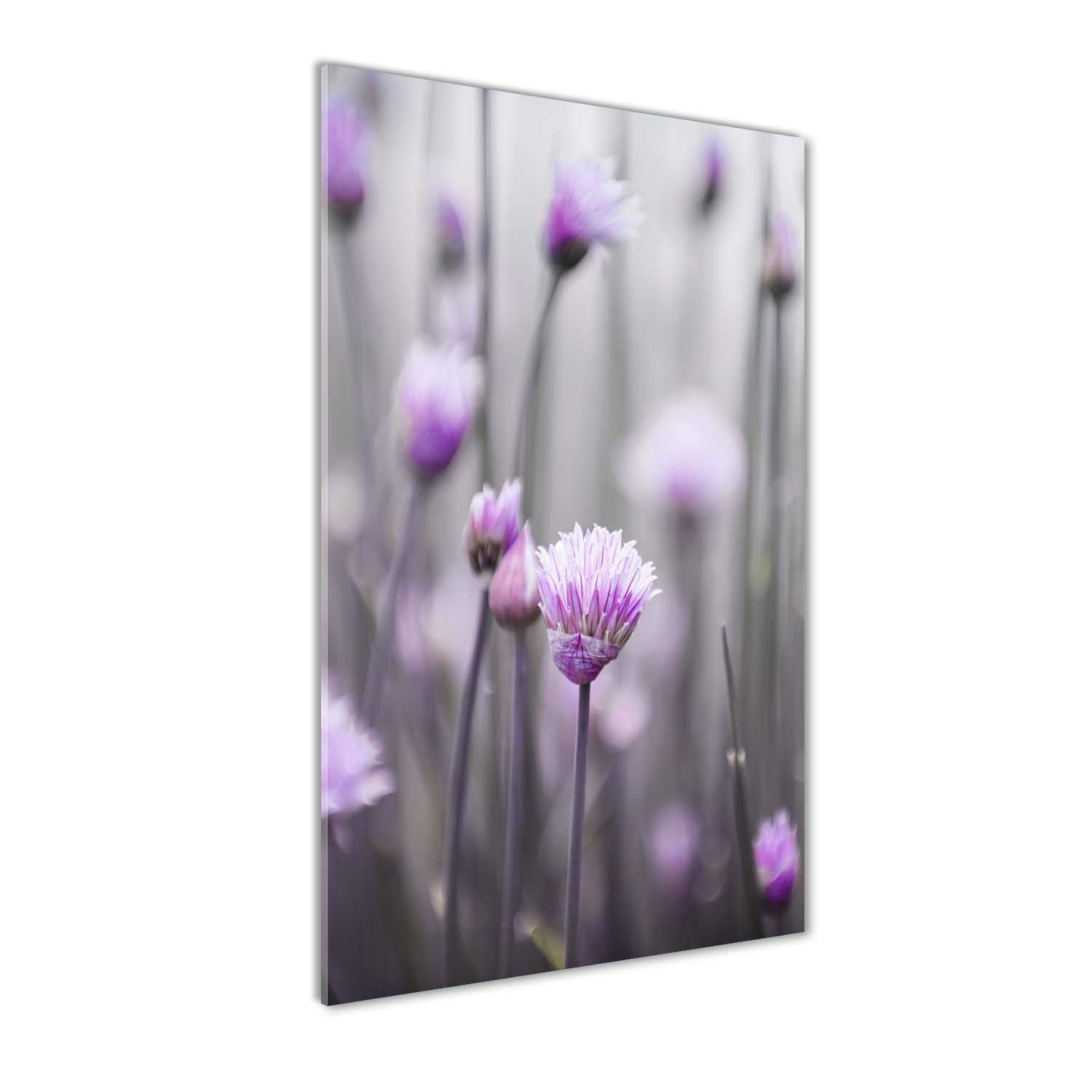 Tableau sur verre panoramique de 60x120 cm avec fleurs de ciboulette pour cuisine