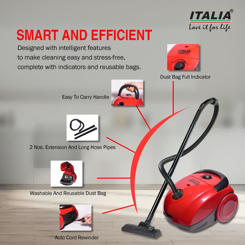 Image of ITALIA 1500W Canister Vacuum Cleaner | 1.5L Reusable Dust Bag & Bag-Full Indicator | Auto Cord Rewind | for Deep Cleaning of Home, Floors & Carpets