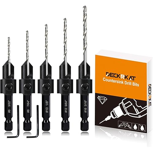 5-pc Woodworking Countersink Counterbore Drill Bit Set 3in1 for #6 8 10 12 16 Screws, M2 Pilot Drill Bits Adjustable Depth, 82-Degree Chamfer with Stop, 1/4” Hex Shank, Includes 2 Allen Wrenches