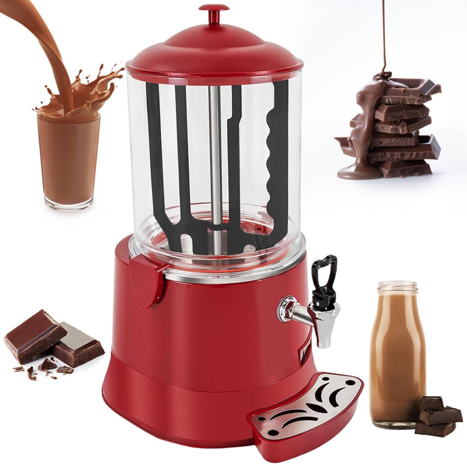 Machine à Chocolat Chaud Professionnelle 5 L, Appareil à Boissons chocolatées, Chauffe-Boisson électrique, température réglable de 30 à 90 °C, pour thé au Lait, Chocolat et café. Red-10L