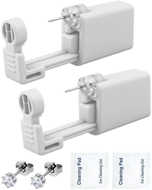 Ear Piercing Kit, 2-Pcs No Pain Easy Use at Home Ear Piercing Gun Kit Tool with Earrings Stud (White)