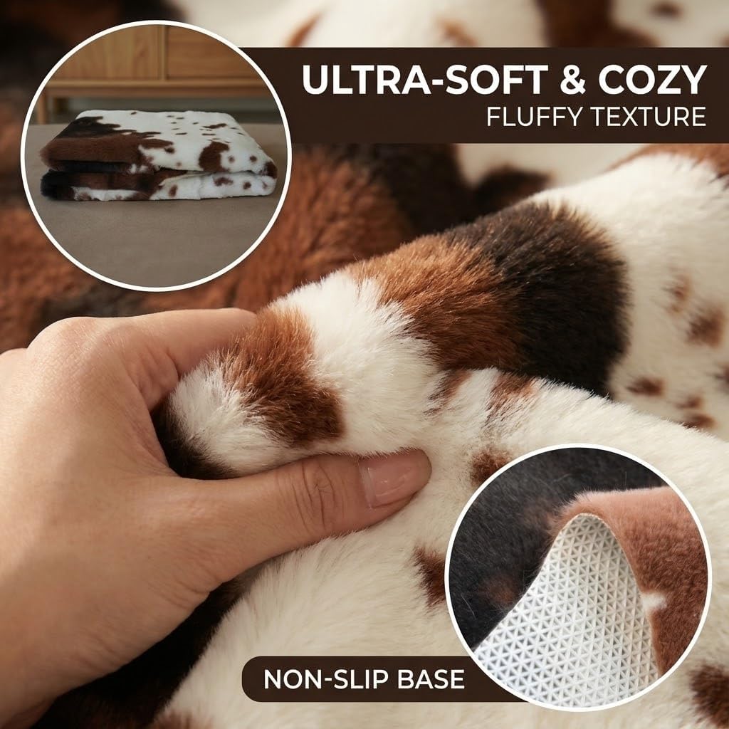 MustMat Cute Cow Print Rugs 4'7''×5'3'' Western Cowboy Decor Faux Cow Hide Rug for Kids Room