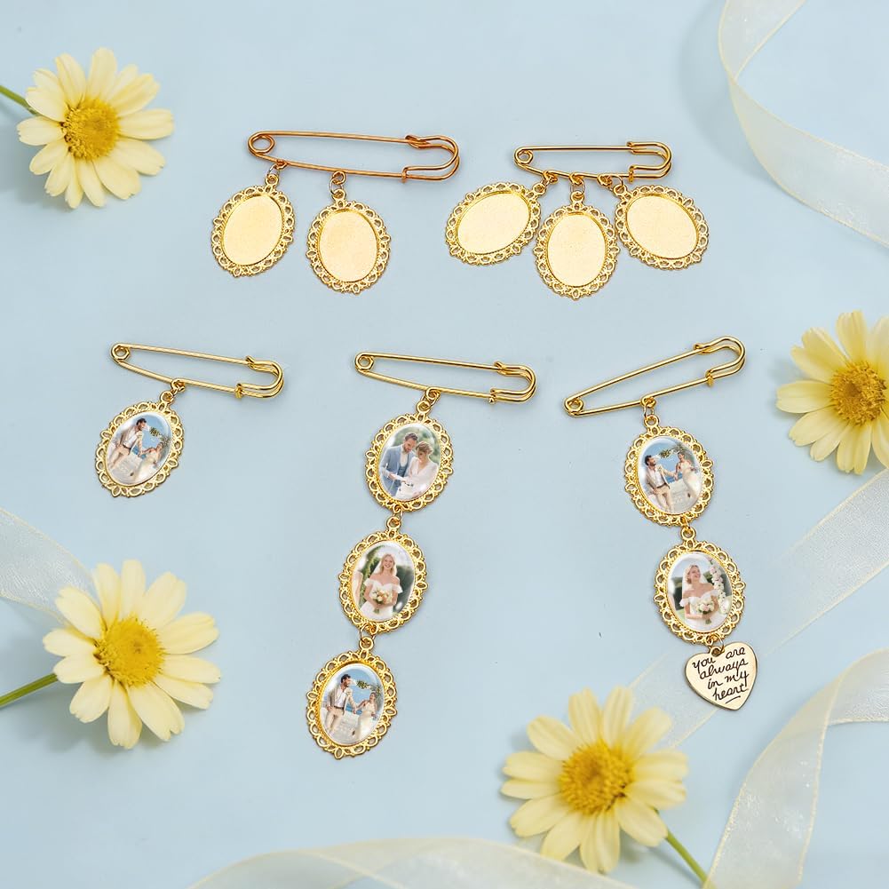 UNICRAFTALE 5Pcs 5 Styles Wedding Bouquet Photo Charm Oval Memorial Locket Pin Picture Pendant with Heart Charm Each Holds 1-3 Pictures for Bridal Flowers Tray:25x18mm
