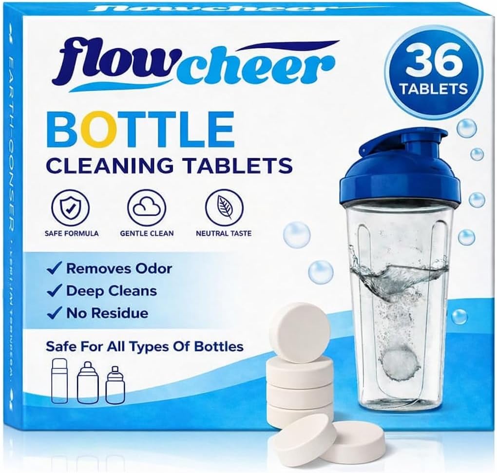 flowcheer Bottle Cleaning Tablets 36-Pack | Powerful & Odor-Control Formula | Deep Cleaner for Stainless Steel, Glass, Thermos, Tumblers, Hydration Bladders | Ideal for Daily Household & Outdoor Gear