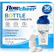 flowcheer Bottle Cleaning Tablets 36-Pack | Powerful & Odor-Control Formula | Deep Cleaner for Stainless Steel, Glass, Thermos, Tumblers, Hydration Bladders | Ideal for Daily Household & Outdoor Gear