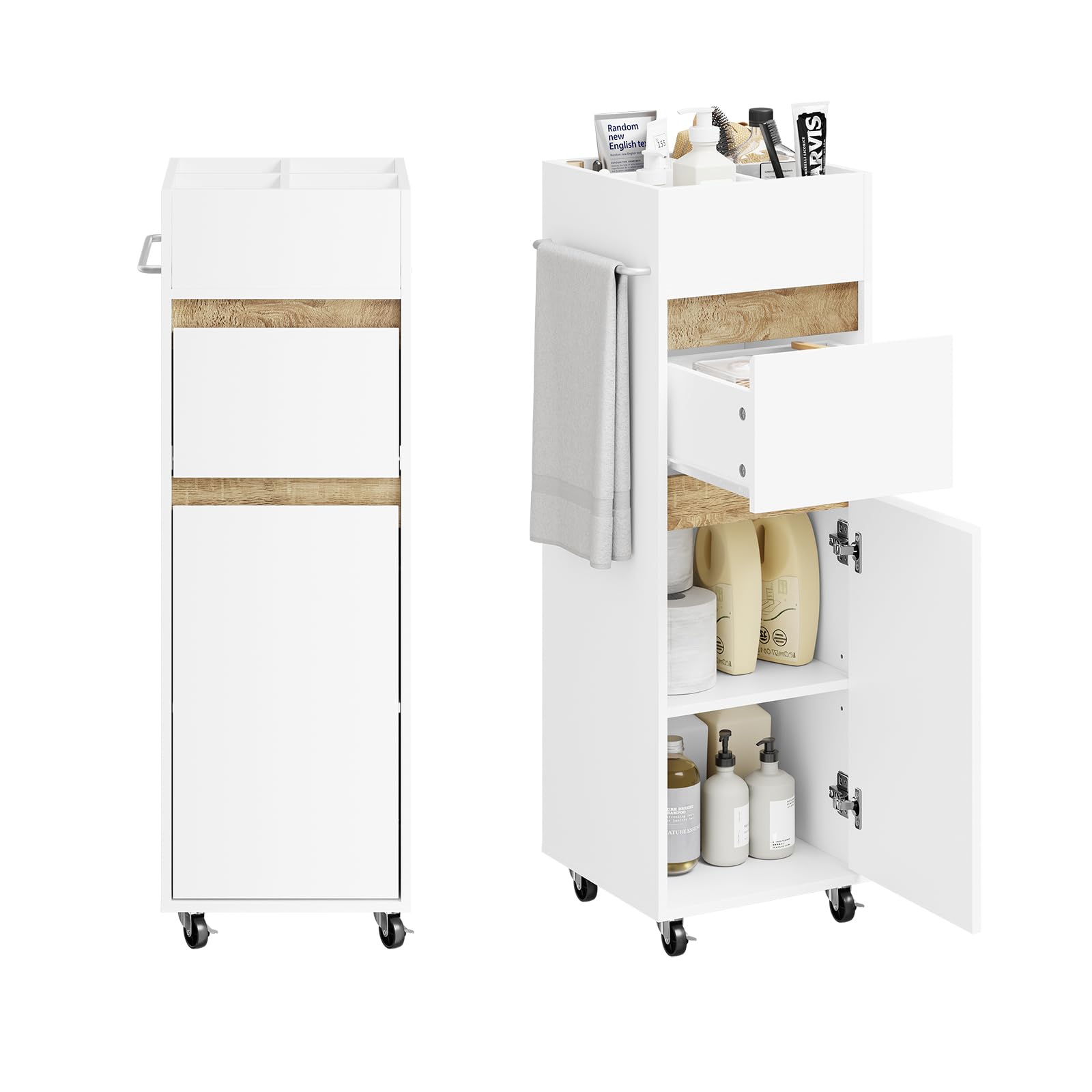SoBuy Mobile Bagno Salvaspazio con Ruote 33x30x91,5 cm Stretto per Bagno | Mobiletto Bagno Stretto con Cassetto Ansa & Portasciugamani, Armadio Salvaspazio Bianco BZR225-WN