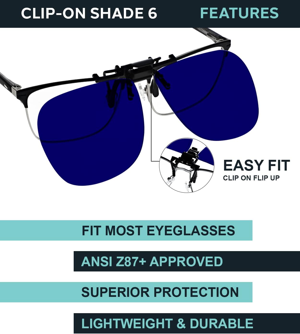 Cobalt Blue Clip On Flip Up Safety Glasses for Welding, Metal Fabrication, Hot Glass Working, Foundry Work, Shades 4, 6, 8