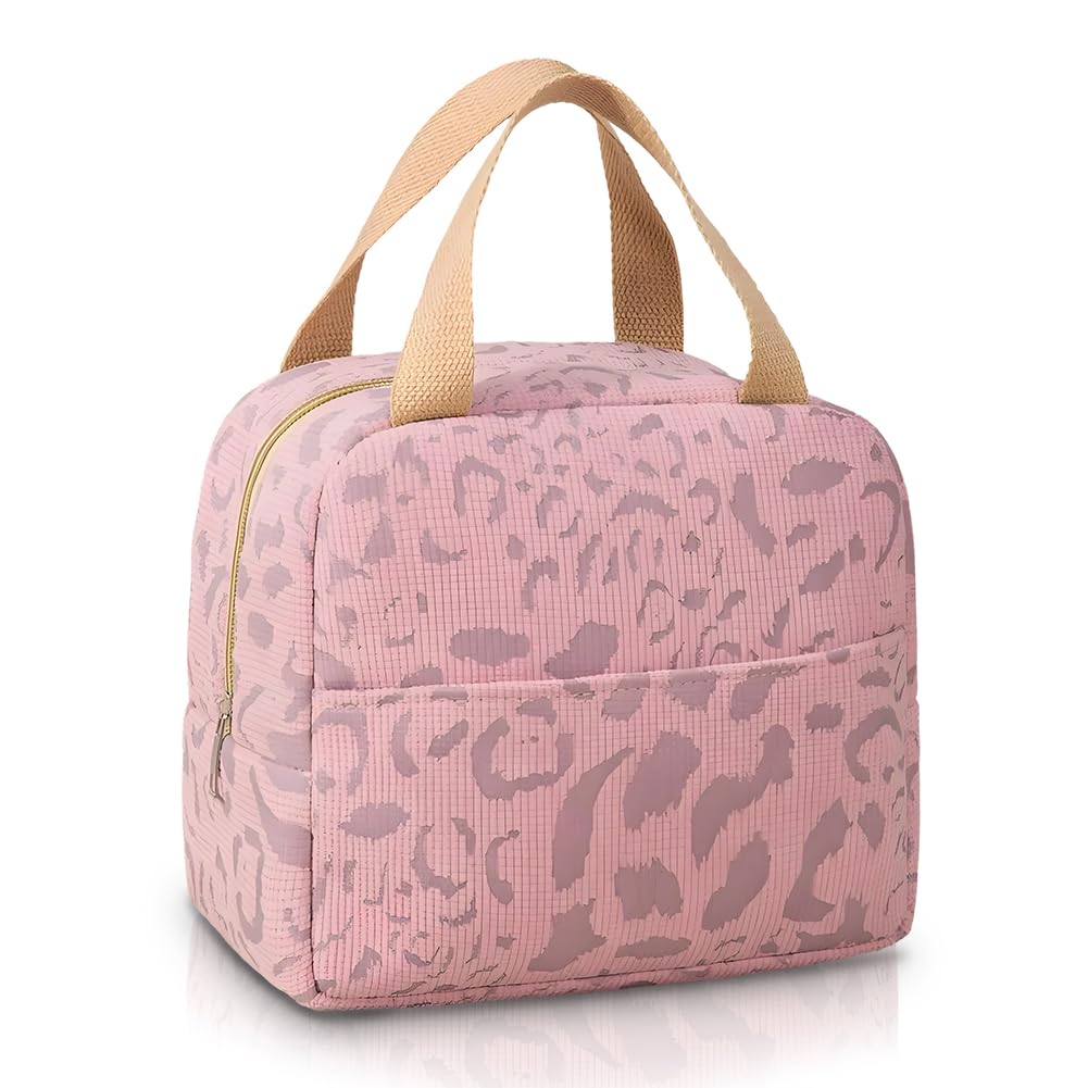 VorErgyllic Insulated Lunch Bag for Adults, Leopard Print Leakproof Thermal Tote Cooler Bag, Lightweight & Waterproof Lunchbox Tote Bag for Work Travel Picnic School Gym Daily Use Pink (White 7)