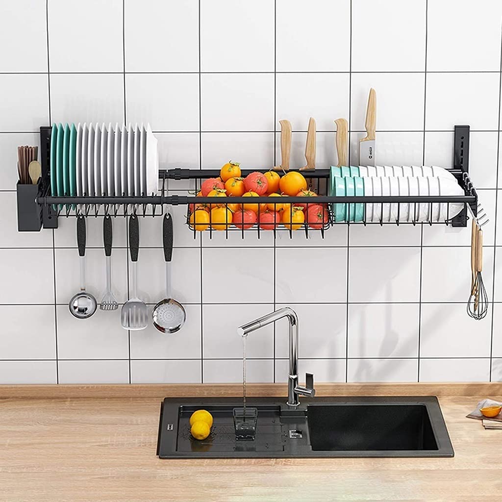 Escurridor de platos ajustable para fregadero – Escurridor de pared Capaci con soporte para sil, para cocina eficiente, color negro h