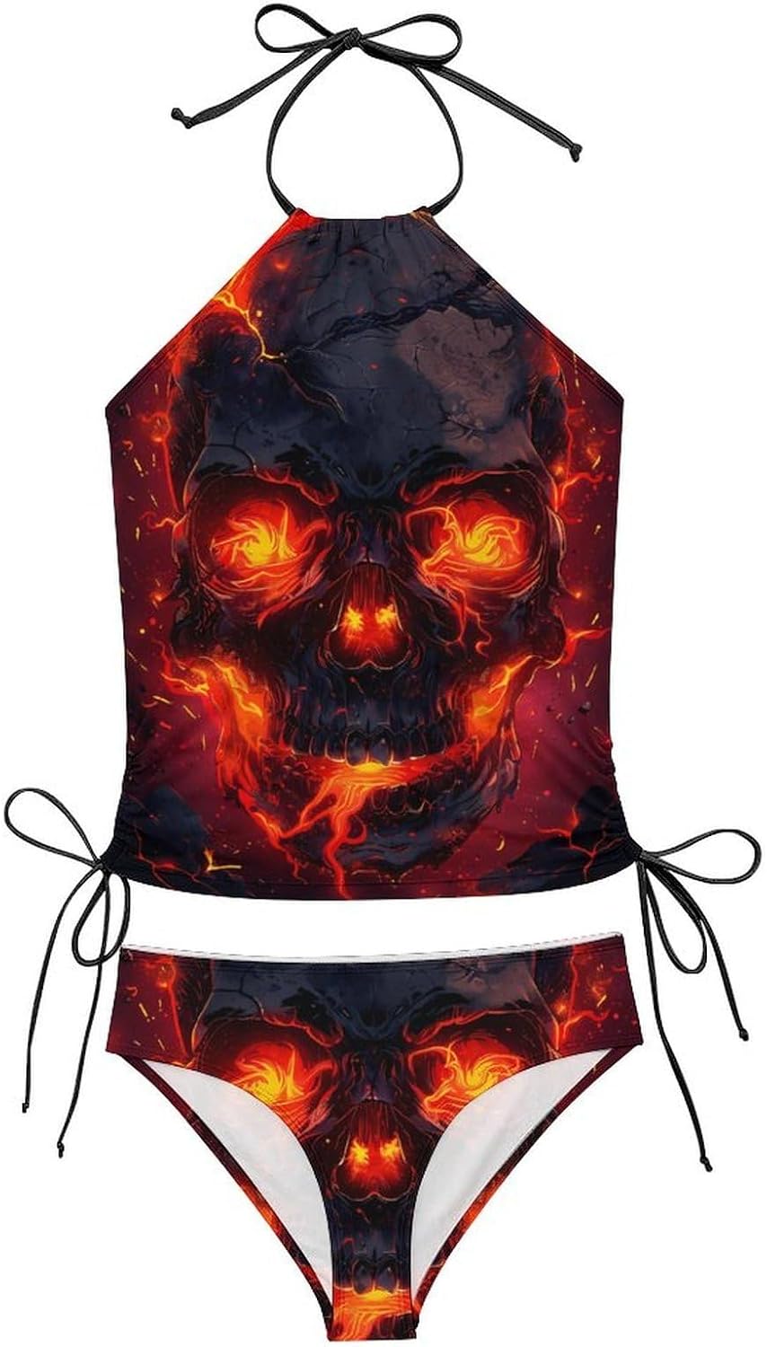 Flame Skull Women's Tankini Swimsuit Two Piece Tummy Control Bathing Suits Tie String Swimwear