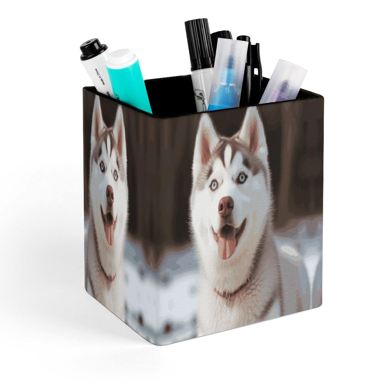 FekiLoot Husky Piquant Dog Pencil Holder for Desk Square Leather Pen Holder Cup Desktop Organizer Multi-Functional Pencil Cup Holders Modern Decorative Desk Organizer Caddy Makeup Brush Holders