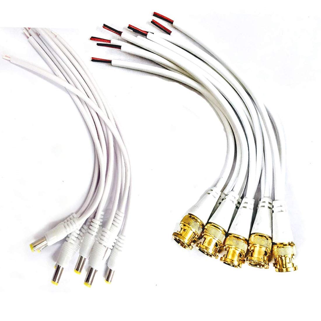River Fox Combo Pack of 10 Pcs BNC Connector with Copper Wire Moulded - 18CM and 10 Pc DC Power Pigtail Male Cables with 2.1mm Connectors Barrel Jack for Surveillance CCTV Camera (White)