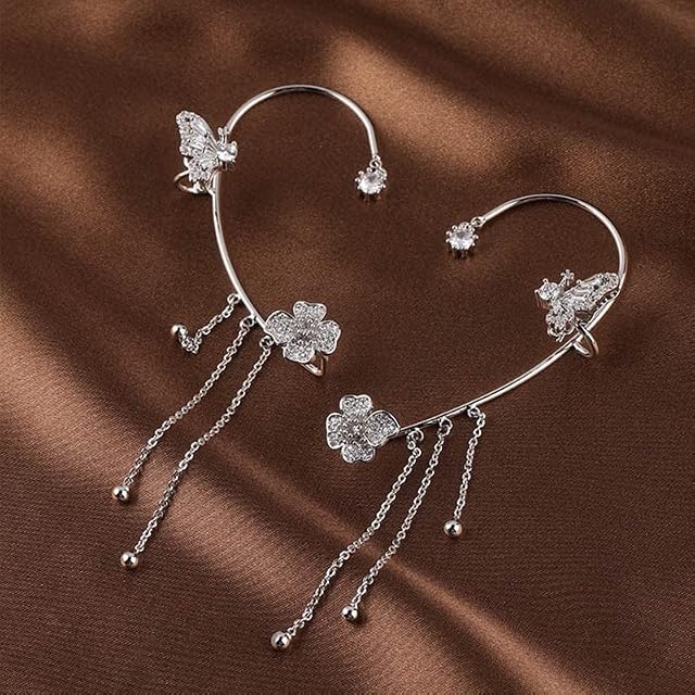 MONEYN Butterfly Tassel Style Zircon Earrings, Sparkling No Piercing Ear Clip, Wrap Flowers Long Cuff Earrings Jewelry Gifts for Women Girls (1 Pair(Left+Right),Silver)