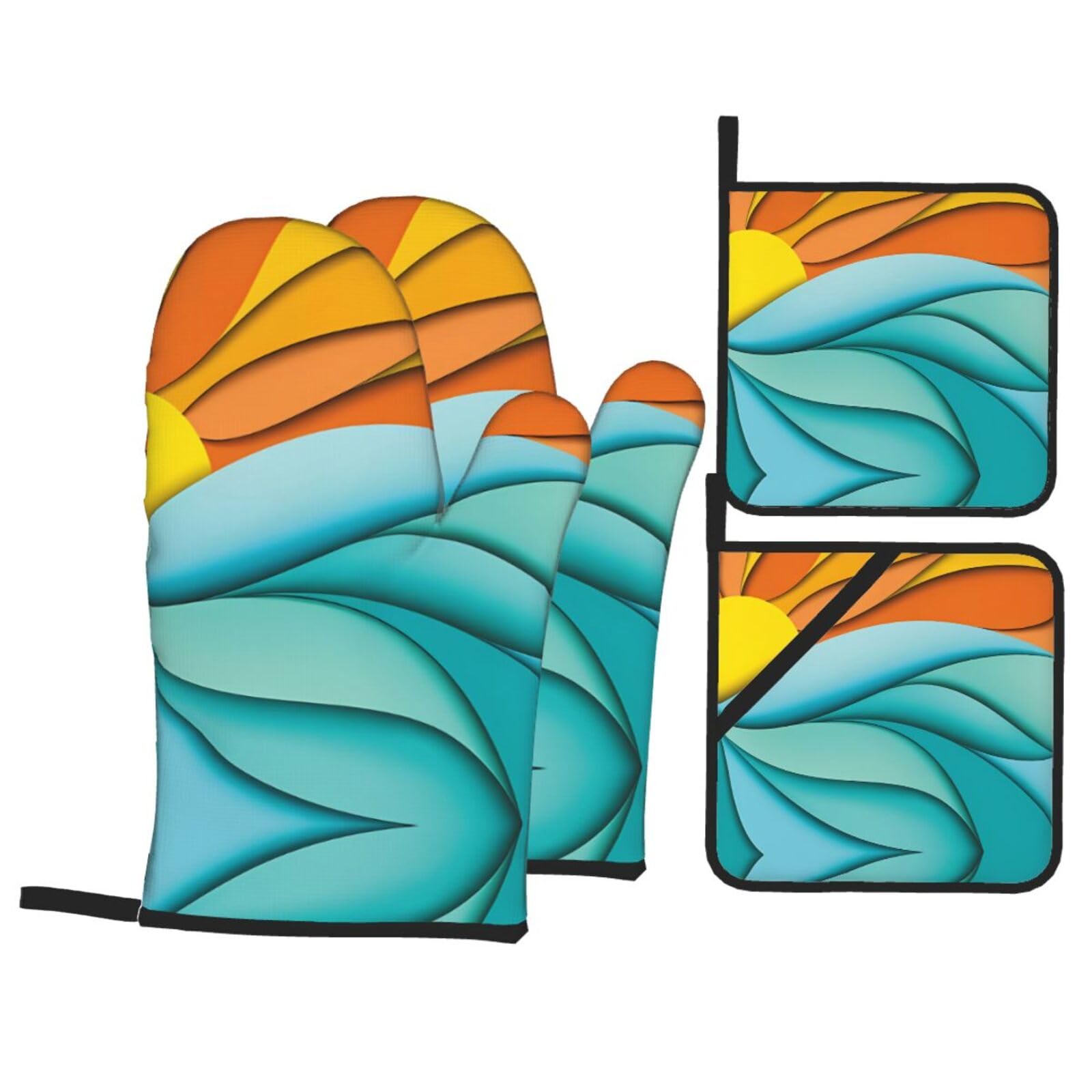 WHJSSF Sunset and Sunrise with Ocean Sea Waves Prints 4-Piece Waterproof Oven Throws & Heat Resistant Pot Covers – Durable Kitchen Layers for Grilling & Baking