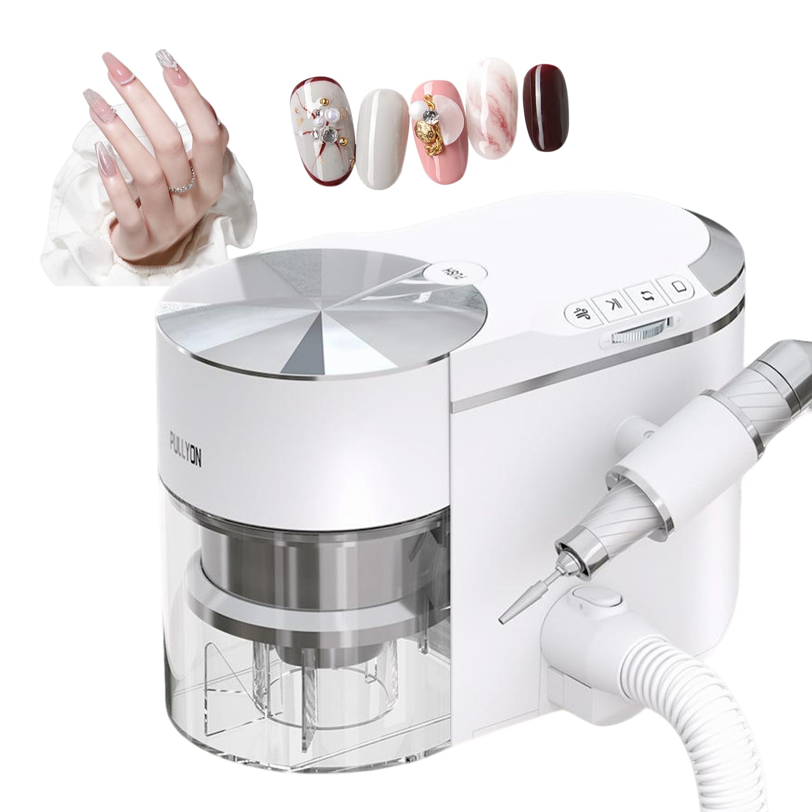 ZHENYUWANG This 2-in-1 nail vacuum cleaner and nail filer features a 30,000 RPM brushless motor, ultra-quiet (≤58 decibels), and adjustable suction power and angle