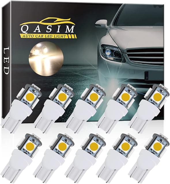 Qasim 10pcs T10 W5W LED 501 194 168 Bulbs 5SMD 5050 Chipset Wedge for Car Interior Dome Dashboard Map RV License Plate Side Lights DC 12V Warm White