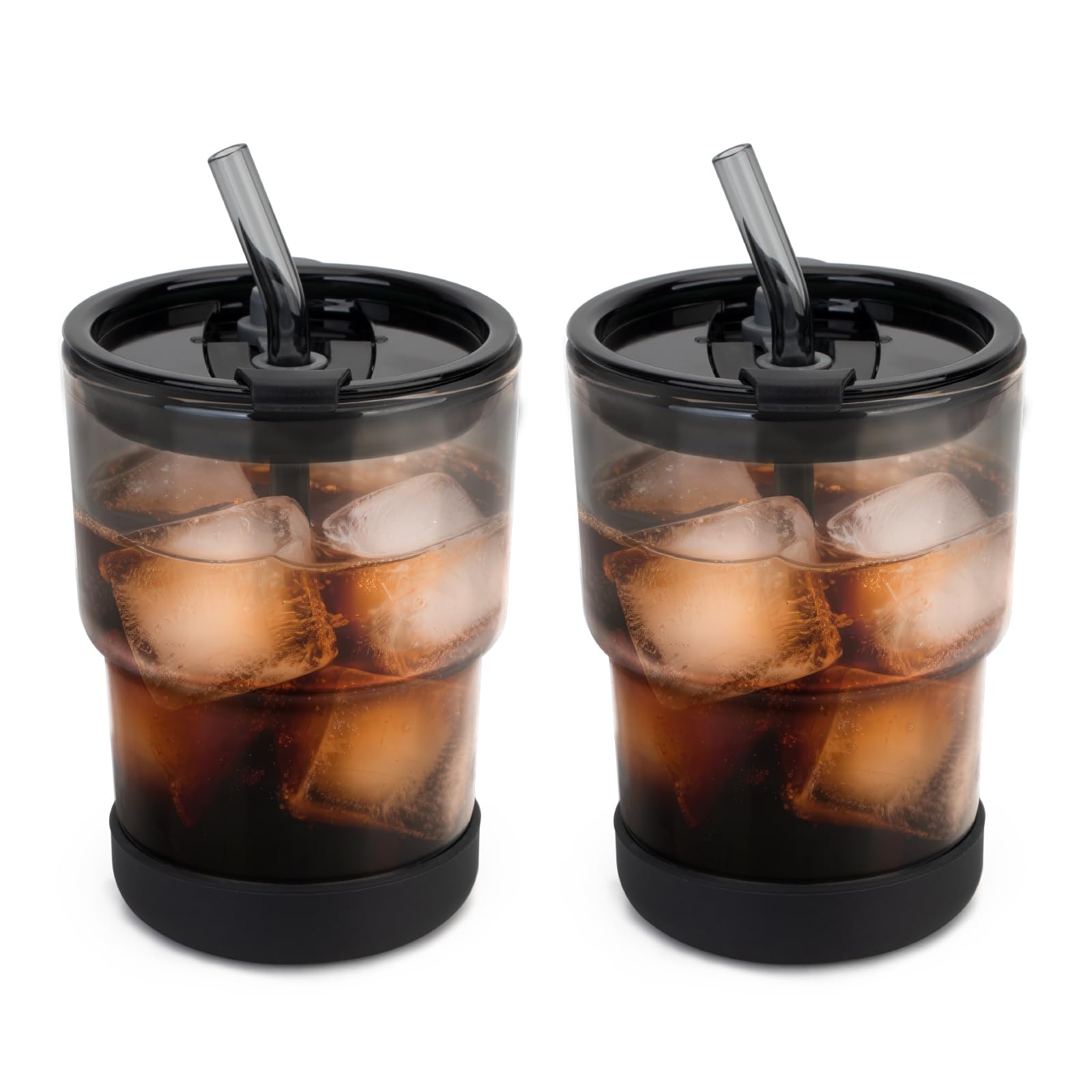 Luxgola 13 oz Glass Tumbler with Straw and Lid, 2 Pack Glass Water Cups With Silicone Bumper, Sealed Carry-On Thick Wall Drinking Cups for Iced Coffee