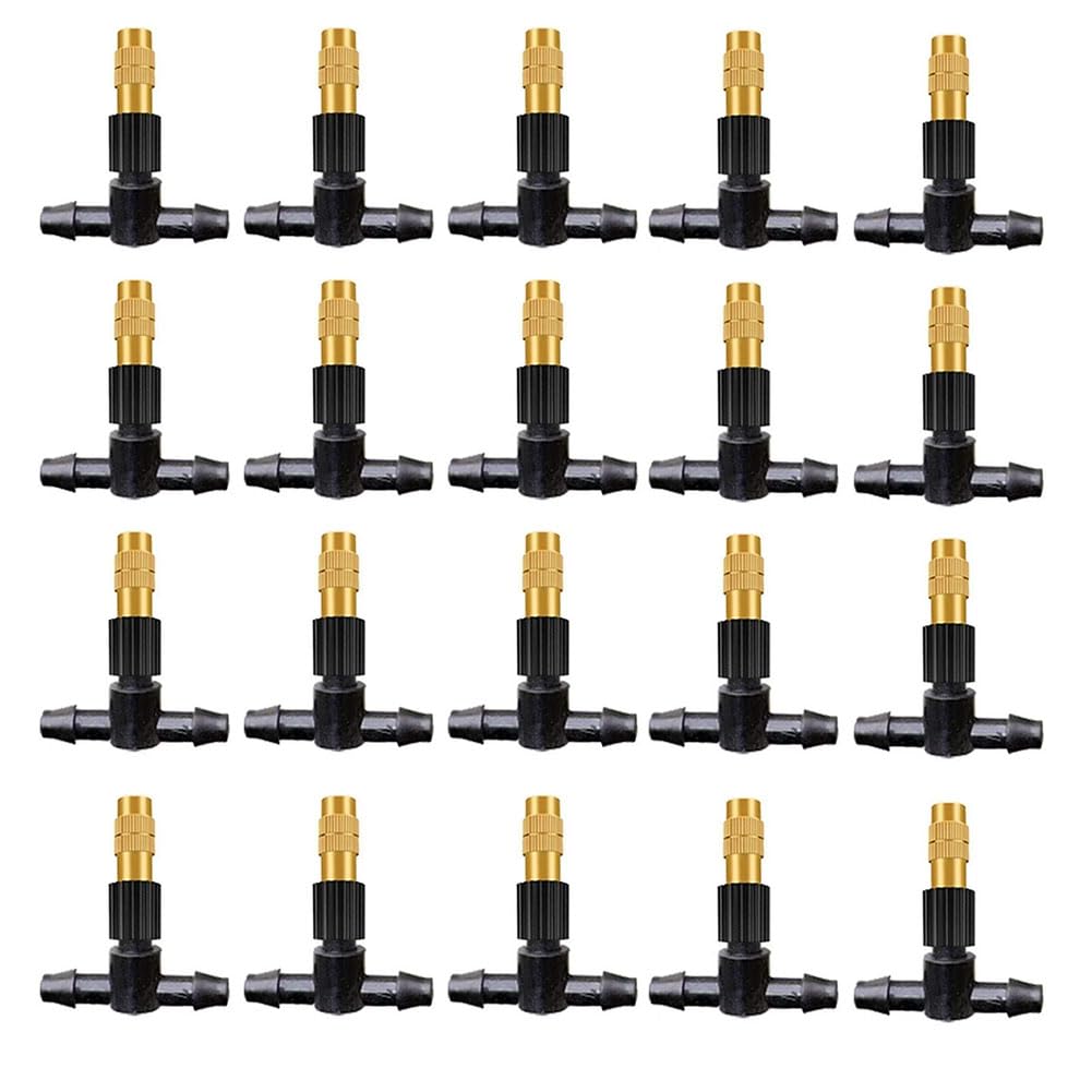 SXITHGKDW Adjustable Sprinkler with Micro Spray Mister Emitters, Copper Misting Nozzle Set for 4/7mm Hose Low Pressure Atomizing Sprayer 10pcs Brass Nozzle + 4/7 tee
