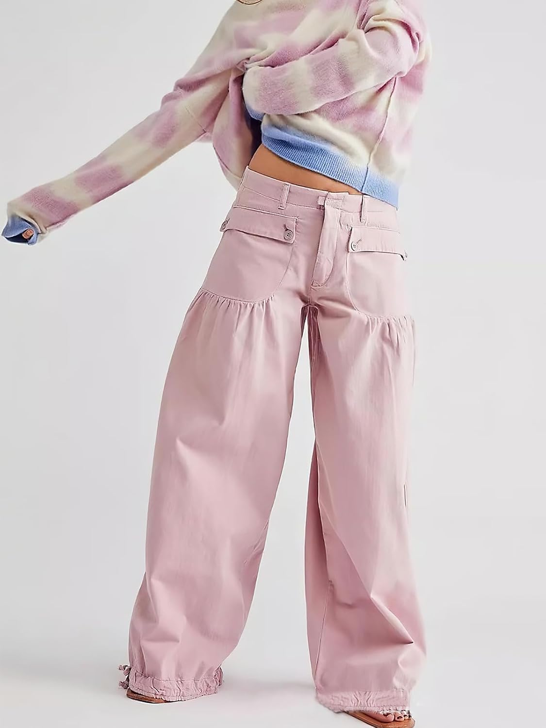 ebossy Women's Baggy Barrel Jeans High Waist Lotus Adjustable Drawstring Bow Tie Wide Leg Denim Pants (S, Pink)
