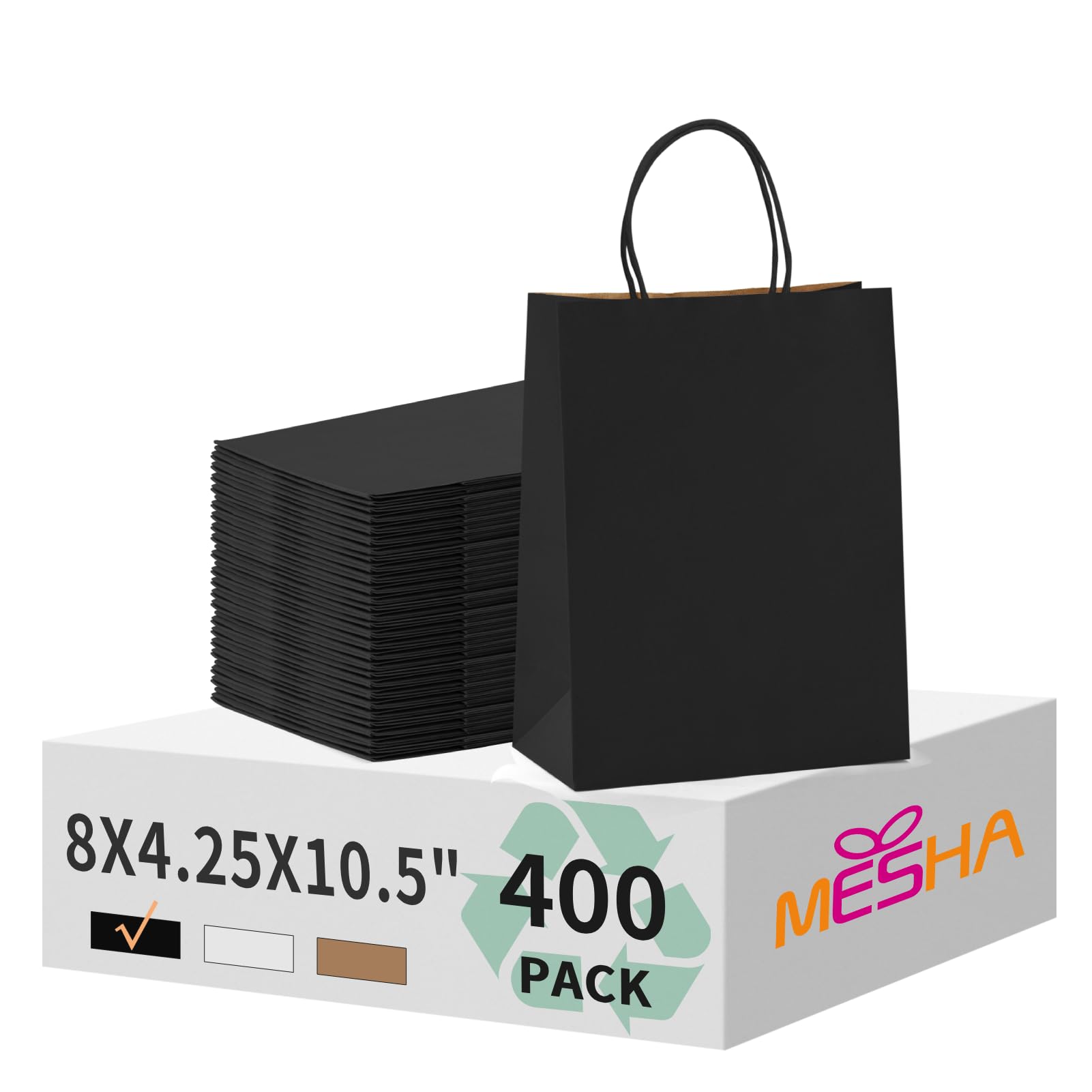 MESHA Gift Paper Bags 400 Pack 8X4.25X10.5 Black Medium Shopping Kraft Bags Bulk with Handles Reusable for Business,Grocery,Birthday,Wedding,Kids Party,Favors