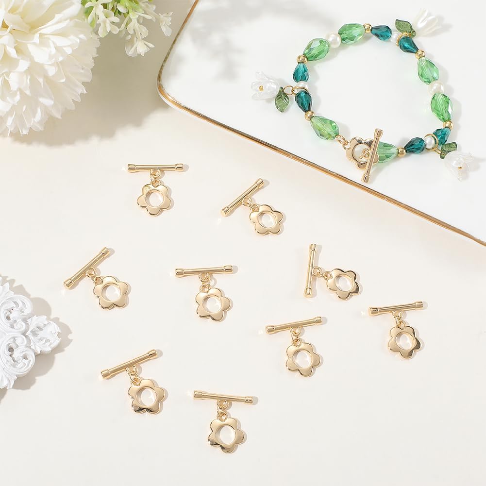Beebeecraft 10 Sets Flower Toggle Clasp 18K Gold Plated Floral T-Bar Bracelet Closure OT Toggle Clasp Connector for Necklace Jewelry Making DIY Crafts Summer