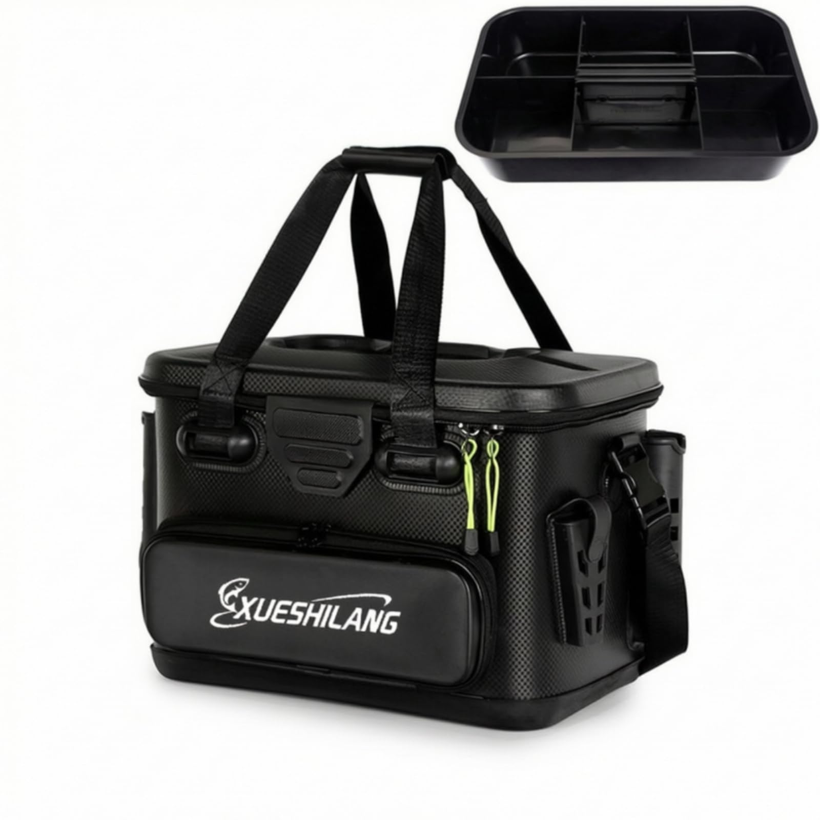 Boîte à Pêche avec Porte-Cannes Seau à Pêche avec Bac Intérieur Stable pour Pêcheurs, Noir, Moyen