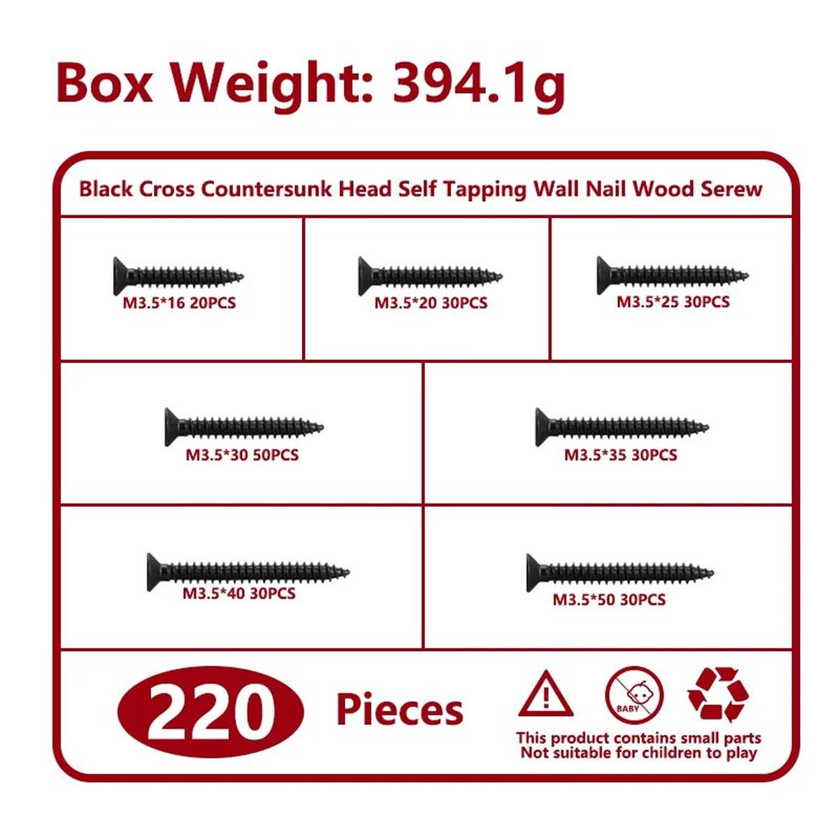 Caja de 220 tornillos autorroscantes para madera con cabeza avellanada en cruz, tornillos de cabeza plana, punta endurecida, clavos para paneles de yeso M3,5-5, cajas de clavos para paneles de yeso