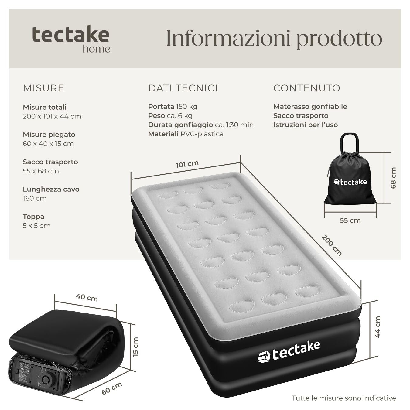 tectake® Materasso Gonfiabile AirDreams, Autogonfiabile con Pompa Elettrica, Singolo e Matrimoniale, Letto Gonfiabile, Viaggi e Campeggio, Comfort e Supporto, Facile da Trasportare - 200 x 101 x 44 cm